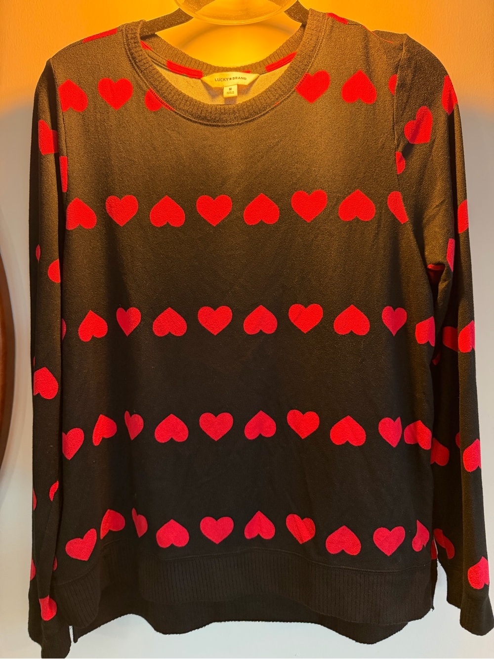 Lucky Brand Black Sweater with Red Heart Print
